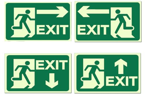 4 Stück Notausgang aus PVC, Notausgangsschild Nachleuchtend, 30x15 cm langnachleuchtend Schild Notausgang, Notausgangsschild Pfeil unten Hoch, runter, links, rechts, Fluchtwegschilder Nachleuchtend