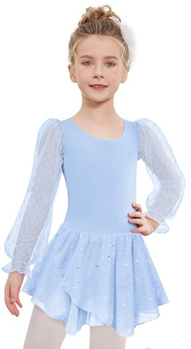 Arshiner Vestidos de Ballet Niña Malla Manga Larga Ropa de Danza Azul de Algodón Vestido de Danza Maillot de Ballet Infantil de Color Sólido con Falda de Tul 8-9 Años