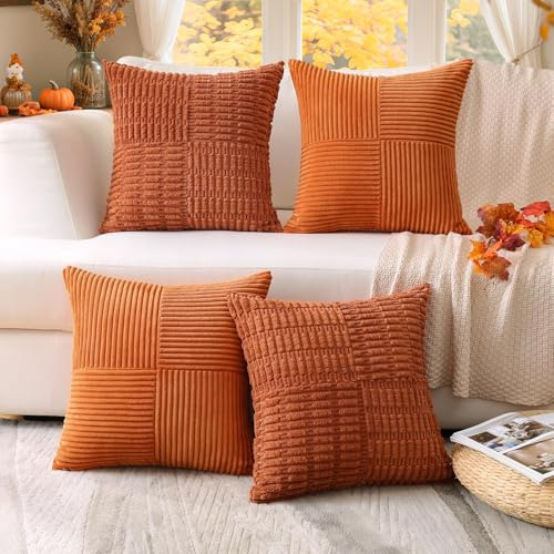 Sungeek 4er Set Cord Kissenbezüge Herbst, Dekorativ Zierkissenbezüge Weich Kissenbezug Dekokissen Sofakissen Boho Deko Bezug Kissenhülle für Wohnzimmer (Gestreifte Kordsamt Patchwork, 40x40 cm)