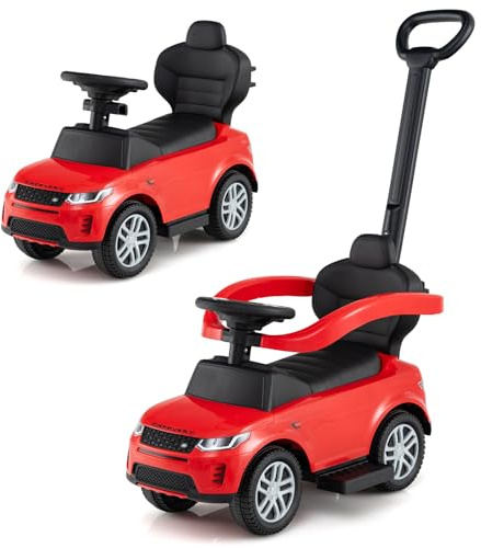 DREAMADE 3 in 1 Kinder Rutschauto, Schiebeauto mit abnehmbare Schiebestange, Kinderfahrzeug mit einziehbare Fußstütze, Kippschutz, Hupe, Stauraum, Rutschfahrzeug für Kinder ab 1 Jahr (Rot)