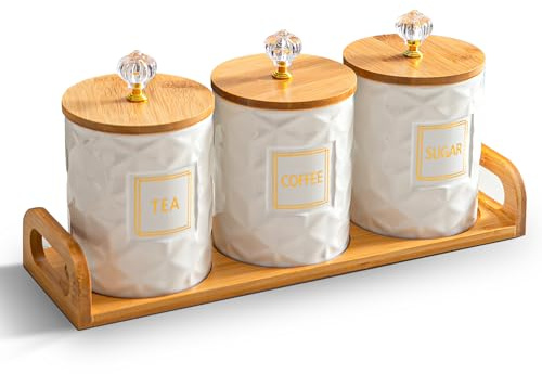 Sowlvenco Set of 3 Ceramic Canisters for Sugar Coffee Tea with Tray, White Airtight Food Storage Jars with Wood Lids, Kitchen Counter Storage Containers - 23oz