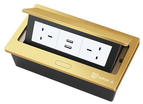 Desktop Power Socket with 2 USB Slots, Pop Up Electrical Outlet Box, Recessed Power Strip with 2 UK Plugs, Hidden Desk Sockets for Kitchen, Office, Conference (Gold, 2 USB-A)