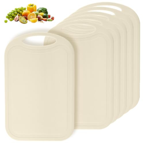 Lot de 6 Planches à Découper en Plastique,25 x 16 cm Planche à Découper Plastique,Planche Cuisine Sans BPA avec Rainure de Jus et Poignées,Lave-vaisselle,Double Face Utilisable,pour Légumes,Fruits