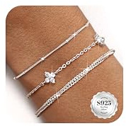 CASSIECA 3Pcs Gold Silver Bracelets for Womens Sterling Silver Bracelet | Bracelet for Women Dainty Ladies Bracelets Set Adjustable Stackable Paperclip Beads Link Chain Bracelet for Women