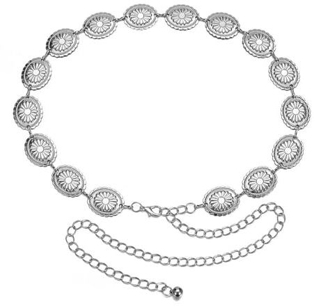 Western Metal Concho Belt, Hollow Daisy Chain, Adjustable Boho Waist Chain for Women, Country Concert Outfit Belly Chains for Dresses, Jeans, Costumes, Cowgirl, (Silver)