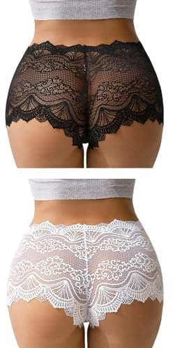 Mutandine Francesi Donne Plus Size Perizoma in Pizzo Cavallo di Cotone Biancheria Intima Brasiliana Mutandine Hipster Sexy Slip da Donna Bikini Perizoma Sfacciato Nero Bianco Confezione da 2