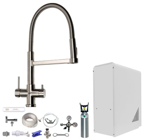 Tafelwasseranlage 10 L/h – BieTal® Wasserspender mit Sprudelwasserfunktion, Festwasseranschluss, gekühlt & still, 5-Wege Wasserhahn Spültischarmatur mit Brause, 2kg CO2 Flasche, ideal für Büro & Bar