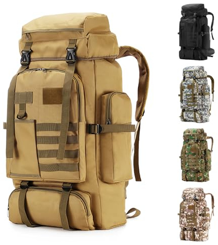 HUAXITRA Hiking Backpack Camping Military Tactical Backpack, 80L Waterproof Large Rucksack Travel Daypack for Men Women, Molle Rucksacks Climbing Backpack for Hunting Rucksack (Khaki)