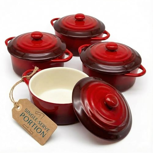 Kook Ceramic Mini Cocotte Set, Small Casserole Dishes with Lids and Handles, Individual Baking Ramekins, Oven safe 350F, Microwave & Dishwasher Safe, Stoneware, 12 oz, Set of 4, (Crimson Ombre)