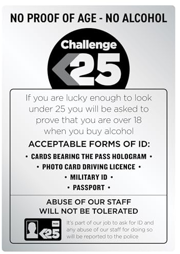 Challenge 25 Sign Silver A4 297 x 210mm Alcohol Law Sign Pub Bar Restaurant Brushed Aluminium No Proof of age - No Alcohol
