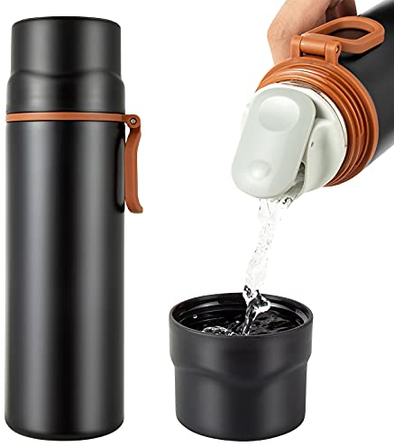 Insulated Water Bottle-Stainless Steel Vacuum Coffee Cup with Handle,Flask Double Walled Sport Travel Mug with Leakproof Lid,Keep Hot & Cold 12 Hours BPA Free 15oz(Black)