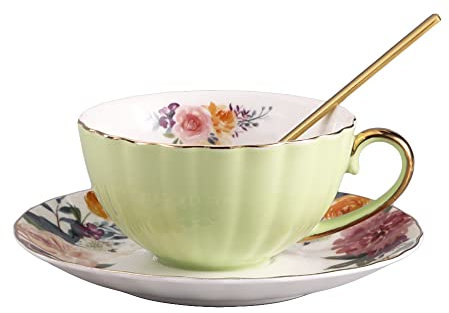 Aiwerttes British Ensembles à thé en Porcelaine, 200 ml Tasses et Soucoupes avec Bordure Dorée, Motif Floral Multicolore, pour Fête, Ménage, Noël