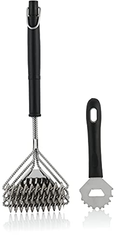 BBQ-Toro Juego de Cepillos Ergonómicos para Barbacoa | 2 Piezas | con 3 Cabezales y Raspador | Cepillo de Limpieza para Parrilla con Abridor de Botellas