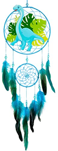 Basumee Dream Catcher for Kids Feather Dream Catchers Handmade Home Decor Wall Hanging with Double Ring for Nursery Bedroom Boys Room, Light Blue Dinosaur