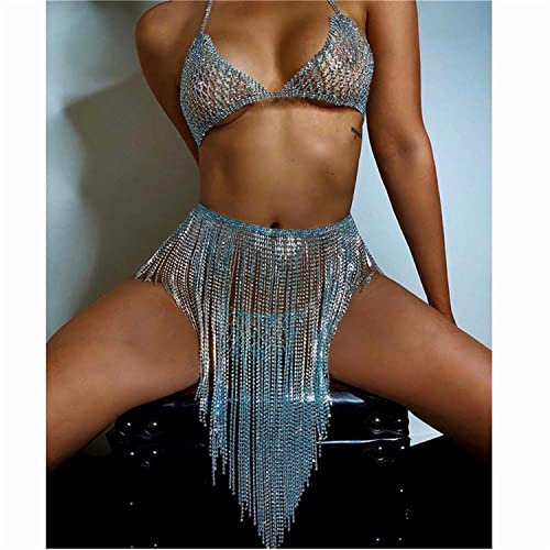 Rvlaugoaa Frau Sexy Blau Kristall Körperkette Brustkette +Höschen + Rock Strass Fransen Bikini Unterwäsche (Silber)
