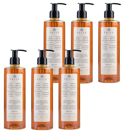 Prija Vitalisierendes 2-in-1 Duschgel und Shampoo mit Ginseng-Extrakt, feuchtigkeitsspendendes und energetisierendes Haar- und Körperwaschgel mit Pumpspender, luxuriöses Duschgel, 6 x 380 ml | Hydrating and Energising Hair and Body Wash with Pump Dispenser. Luxurious Spa Quality Vitalising Formula.