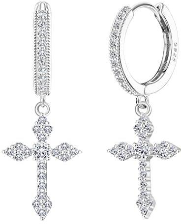 KRFY Cross Earrings 925 Sterling Silver for Women Men Dainty CZ Huggie Hoop Earrings Cross Dangle Earrings Lightweight Huggie Earrings 18 K Gold Silver