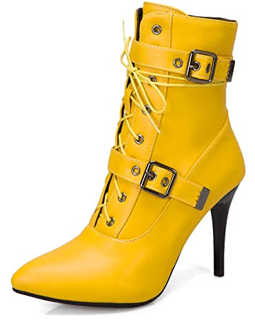 Viéctaa Bottines Femme Sexy à Lacets Talon Haut Aiguille Hiver Simili Cuir Bout Pointu Chaussures Boots Soirée Jaune 44
