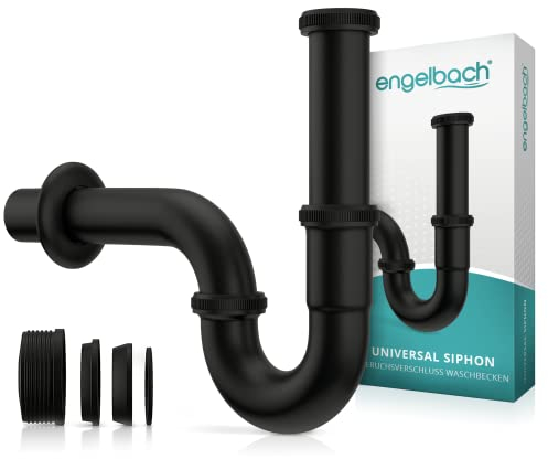 Engelbach® Siphon für Waschbecken 1 1/4 inkl. Gummimanschette - Abflussrohr, Röhrensiphon - Universal Syphon für Badezimmer mit Montage-Video - Sifon Schwarz
