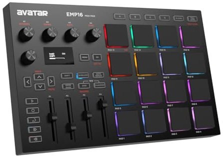 HXW EMP16 MIDI Pad Controller Beat Maker Machine With Bluetooth, 16 RGB Velocity Sensitive Beat Pads, 16 Level, Full/Half Level, OLED Display, MIDI In/Out