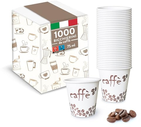 Bicchierini da Caffè, 1000 Pezzi, Usa e Getta Biodegradabili 75 ml, Bicchierini Caffè Espresso Monouso Compostabili Ecologici in Carta, Resistenti, Ideali per Bar e Uffici, Confezionati in Italia