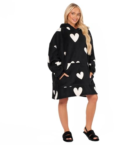 Dreamscene Black Hoodie Blanket for Women Hearts, Snuggle Hoodie Oversized Blanket Hoodie Women Soft Warm Fluffy Sherpa Fleece Wearable Blanket Hoodie