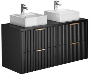 Vente-unique-Mobile per bagno sospeso con scanalature e lavabo da appoggio L120 cm Nero - ZEVARA