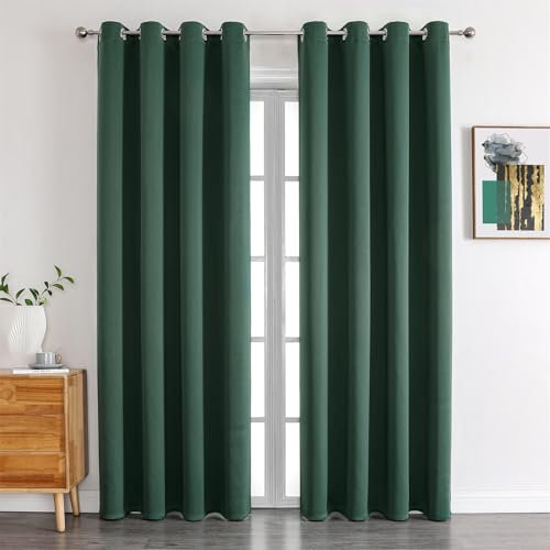 Freyamy Blickdicht Gardinen Wohnzimmer,Dicke Vorhänge mit Ösen,Weich Thermogardine Verdunkelung Ösenvorhang,Kälteschutz Warm Vorhänge für Schlafzimmer,Dunkelgrün Vorhang 2er Set 200x100cm(HxB)