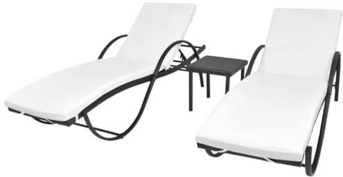 FUDUGEHMIOFWFJJ deckchair,liegestühle,sonnenbank,Sonnenliegen 2 STK. mit Tisch Poly Rattan SchwarzGeeignet für Garten, Pooldeck, Terrasse, Wohnzimmer