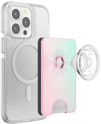 PopSockets Phone Wallet with Expanding Grip and Adapter Ring for MagSafe, Phone Card Holder, Wireless Charging Compatible, Wallet Compatible with MagSafe - Mermaid Pink