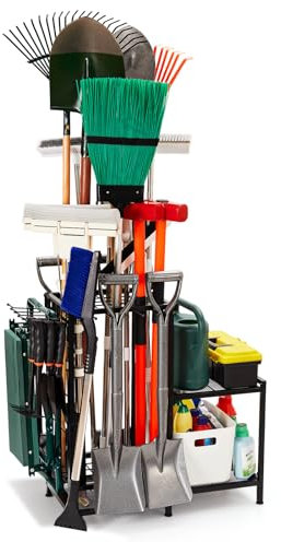 Garden Tool Organizer with 2-Tier Steel Shelves, Holds 50 Long-Handled Tools/Rakes/Brooms/Shovles for Garage Organization and Storage, Shed, Outdoor, Lawn, Heavy-Duty Steel, Black, Easy Assembly