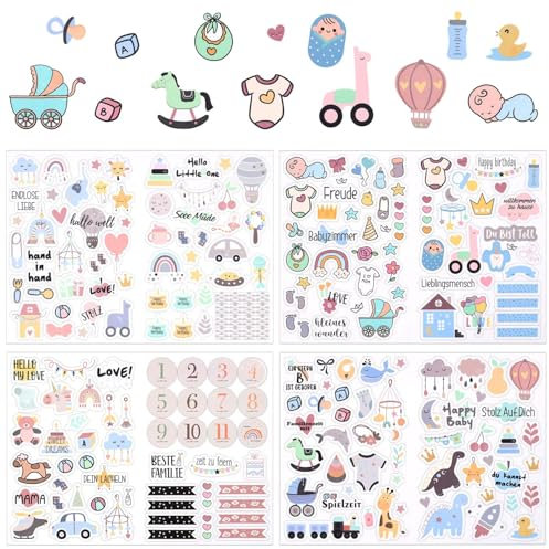 NTRUXZP 4 pcs Schöne Bunt Sticker Set, Baby Aufkleber Fotoalbum Sticker Babyalbum für Mädchen Junge für Gästebuch Babyparty Gastgeschenk mit Sprüchen Tieren zum Gestalten von Scrapbook Bullet Journal