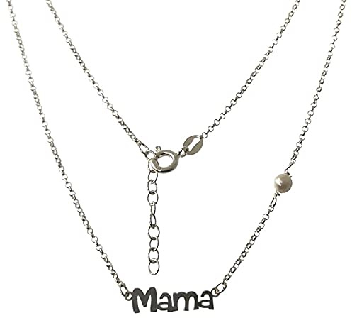 Gargantilla plata Ley 925m cadena rolo 43cm. motivo MAMÁ 16mm. detalle perla 5mm. sintética