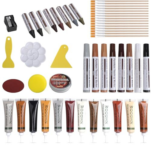 47 Pcs Wood Furniture Repair Kit, Laminate Floor Repair, 28 Touch Up Fillers Wood Putty Cover Surface Scratch for Scratches Cracks Holes Table Door Cabinets Laminate, Restore Any Wood Furniture