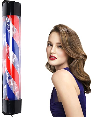 Poste de barbero LED 90x 13 cm Retro Giratorio Rojo Azul Tiras Blancas Equipo de salón Letrero de barbero Poste de luz giratoria Letrero de Rayas Letrero de salón Luz de Rayas iluminada para peluque