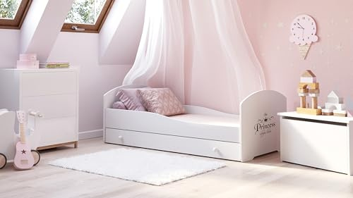 KOBI LUK Kinderbett mit Schublade, weiß | für Kinderzimmer | für einen Jungen und EIN Mädchen | Schublade, Matratze, Rahmen inklusive | (Schriftzug „Prinzessin“, 140x70)