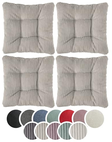 sleepling 4er Set Stuhlkissen 38x38cm, Sitzkissen Stuhl Bank, Cord Hellgrau | Weicher Möbelstoff 38 x 38 cm, Indoor & Outdoor, Made in EU, OEKO-Tex, Waschbar bis 30 Grad, 4 Stück