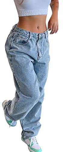 Baggy Jeans Damen Harajuku Aesthetic Y2K Jeans Cargo Jeans High Waist Wide Leg Boyfriend Hosen Schlupfjeans 90Er Streetwear Vintage Freizeithose Jeanshose Hip Hop E-Girl Jeans