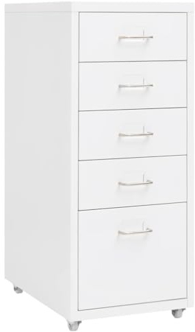 Myheimly Aktenschrank 5 Schubladen mit Rollen Weiß 28x41x69cm Aktenschrank mit Rollen Rollcontainer Bürocontainer Schubladenschrank Büroschrank Metallschrank Schrank Mobiler