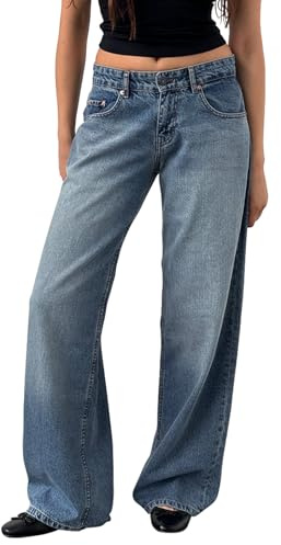 Yoisdtxc Jean Y2K pour femme, jambe large, coupe droite, pantalon boyfriend en denim, taille basse, pantalon baggy décontracté, pantalon ample, b-bleu, L