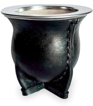 HERENCIA GAUCHA - Mate Argentino Estilo Camionero de Calabaza Forrado en Cuero Negro, Virola de Acero, Estilo Argentino, Modelo Camionero, de Cuero.