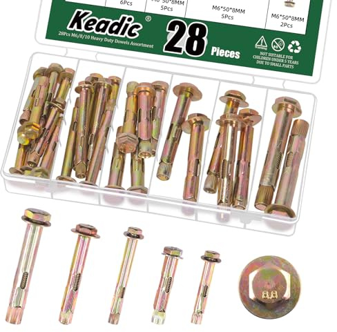 Keadic 28 Stück Schwerlastdübel Sortiment,Expansionsschraube Sechskant Dehnschraube,Bolzenanker(M6/8/10),Schwerlastanker Set Für Beton Ziegel, Mauerwerk, Hohlblocksteine,Gewindestange(50/70/80mm)
