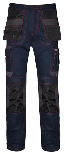STRUD FIT Work Trousers Men Heavy Duty Polycotton Cargo Pants with Holster, Knee Pad Pockets Reflective Strips Durable Triple Stitch Safety Workwear (NAVY-36WX34L)