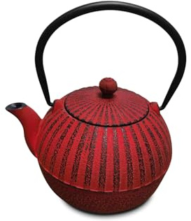 H&H Teiera in Ghisa Smaltata 0,80 L con Filtro in Acciaio Inox, Colore Rosso, Adatta a Tutti i Piani Cottura, Incluso Induzione