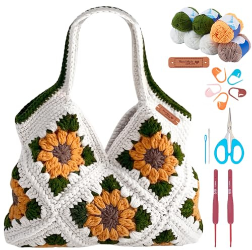 FREEBLOSS Häkelset Für Tragetaschen Mit Sonnenblumenmotiv Häkelset Für Anfänger Und Erwachsene Mit Schritt Für Schritt Videoanleitungen Strickset Für Handtaschen