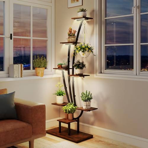 RELAX4LIFE Support Plante Intérieur avec Lumière de Croissance, Étagère à Fleurs 8 Niveaux avec Cadre en Métal, Porte Plante Interieur Industriel 156 CM, Décoration pour Bureau, Maison, Coin (1)