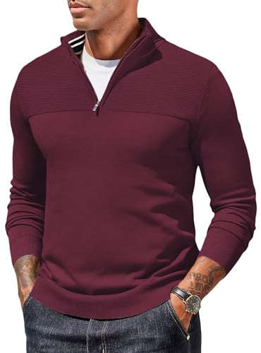COOFANDY Jersey de Cuello Alto para Hombre con Cremallera Suéter para Invierno Suéter 1/4 Zip Jersey de Punto Rojo Oscuro L