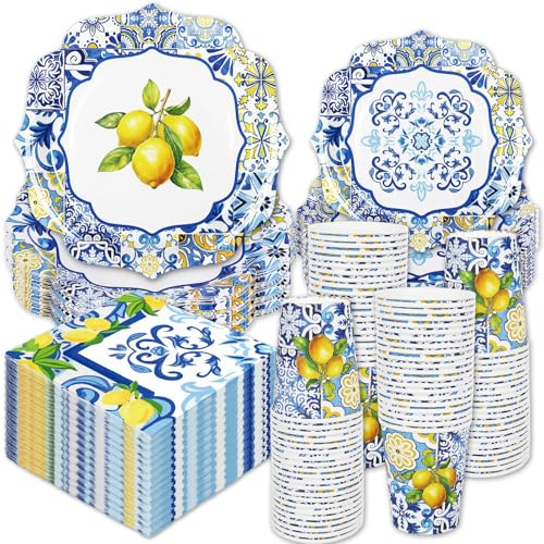 Whaline 96Pcs Capri Lemon Tableware Set Blue Tiles Yellow Lemon Disposable Dinnerware 24 10'' Plates 24 7'' Plates 24 Napkins 24 9oz Cups for Summer Birthday Party, Serves 24