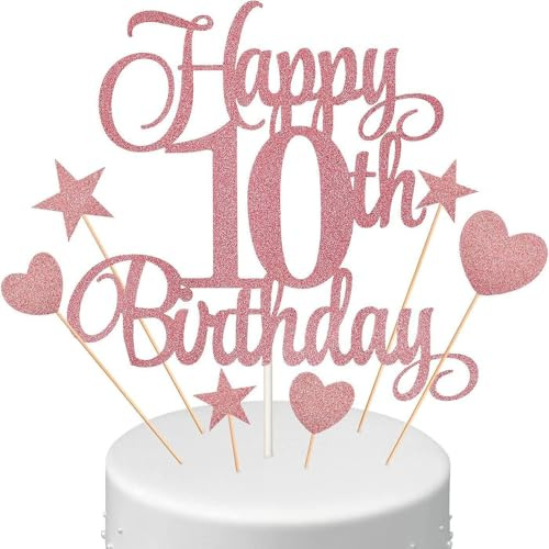 Happy Birthday Cake Topper, Double Digits 10 Cake Decorations, Happy 10th Birthday Cakes Toppers, HSC Rose Gold Glitter Cakes Decor Set with Stars & Hearts, Cupcake Toppers for 10th Birthdays Party
