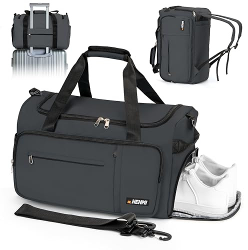 HENMI 43L Sporttasche & Reisetasche für Herren und Damen(Grau) | Groß gymbag mit Schuhfach & Nassfach, Faltbare Gym Tasche für Sport und Travel.Sport Tasche, Fitness Rucksack Trainingstasche
